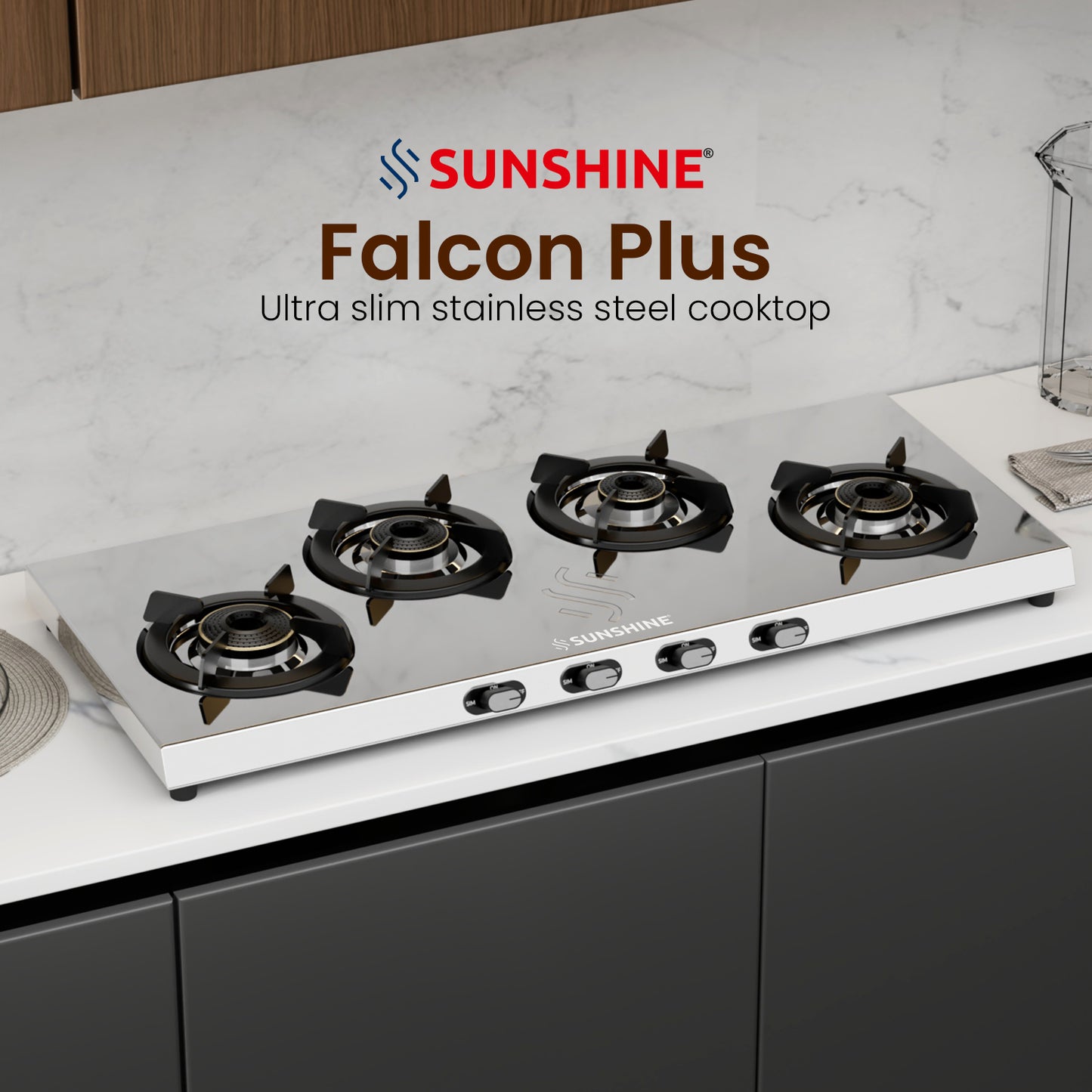 Sunshine Falcon Plus Ultra Slim Stainless Steel Cooktop, ISI Certified Manual Ignition 4 Burner Gas Stove