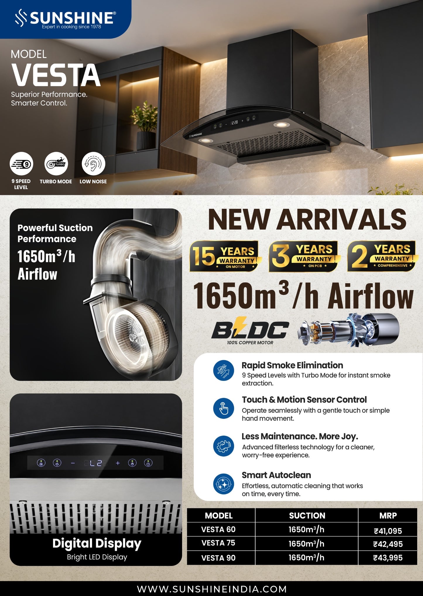 Sunshine Vesta BLDC Chimney | 1650 m³/h | 9 Speed + Turbo | Auto Clean