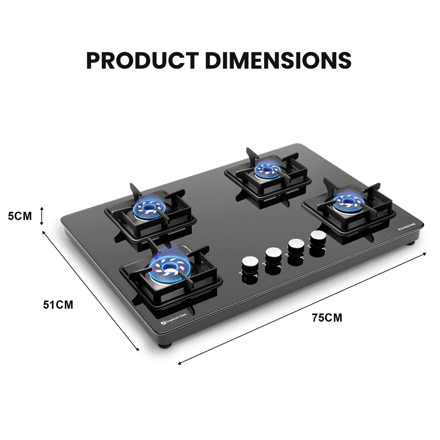 Sunshine Slimmest Magnite 4 Burner Glass Hob Top Cooktop Manual Ignition