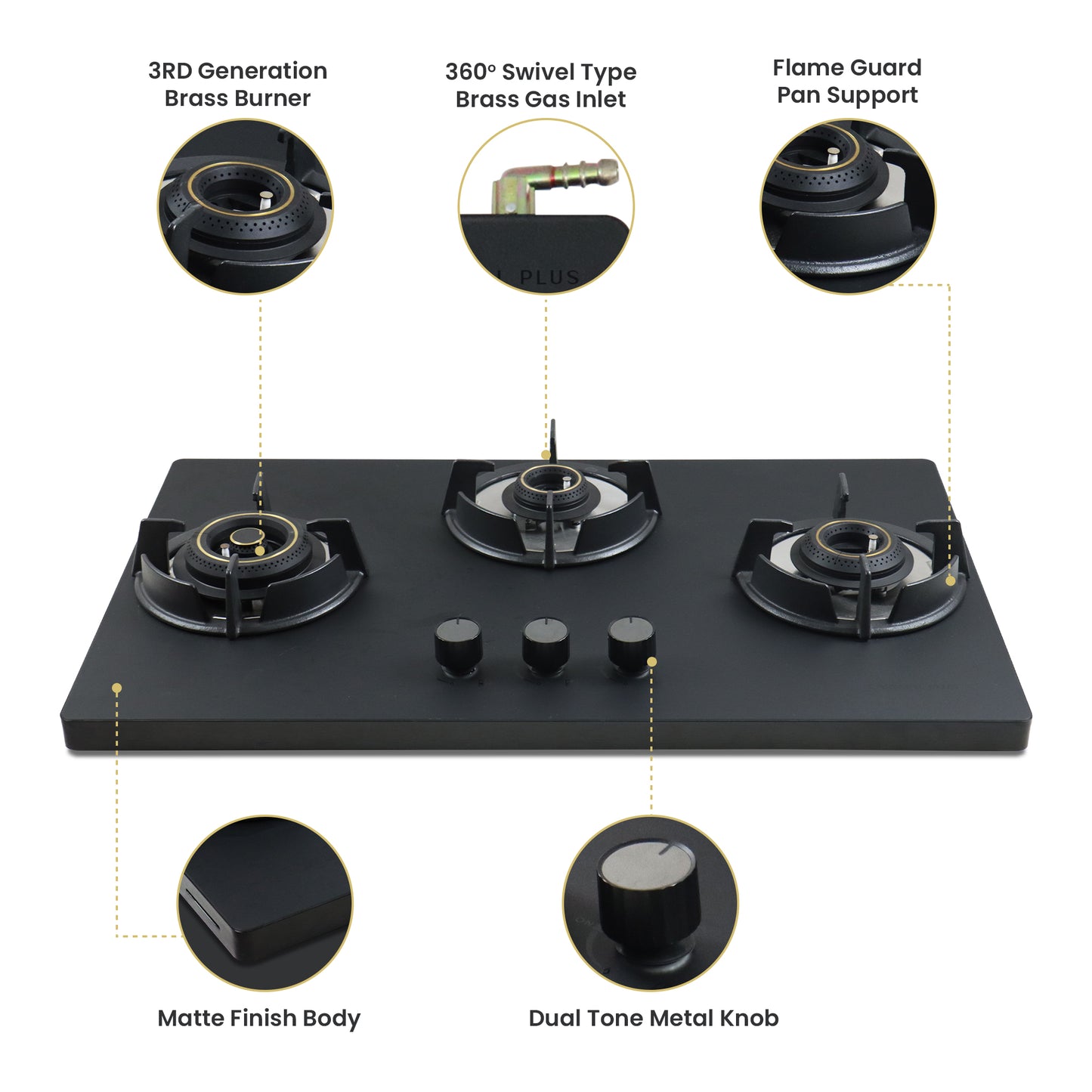 Sunshine Carnival Plus Brass Burner Matt Finish Super Slim Tablet Hob 3 Burner Auto Ignition