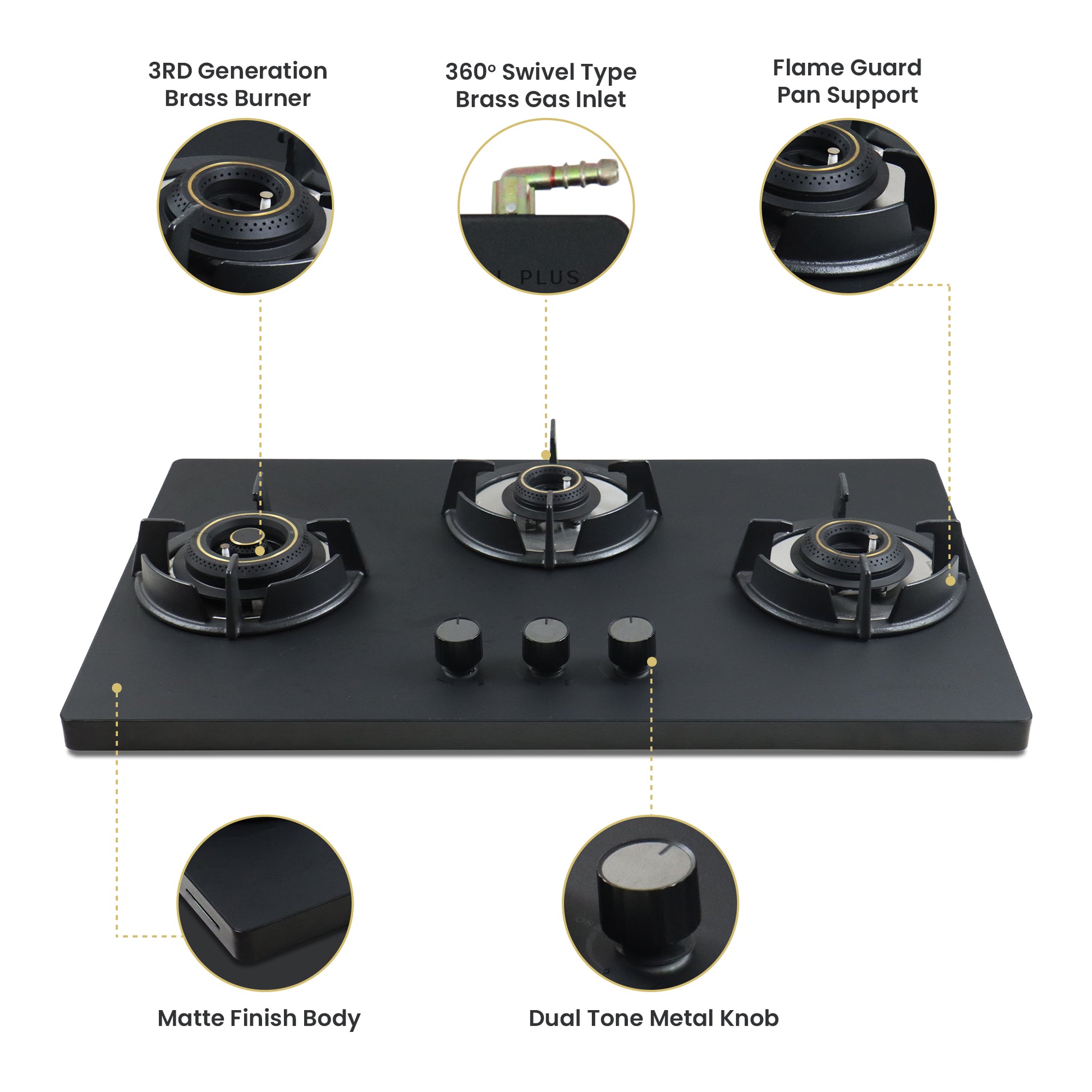 Sunshine Carnival Plus Brass Burner Matt Finish Super Slim Tablet Hob 3 Burner Auto Ignition