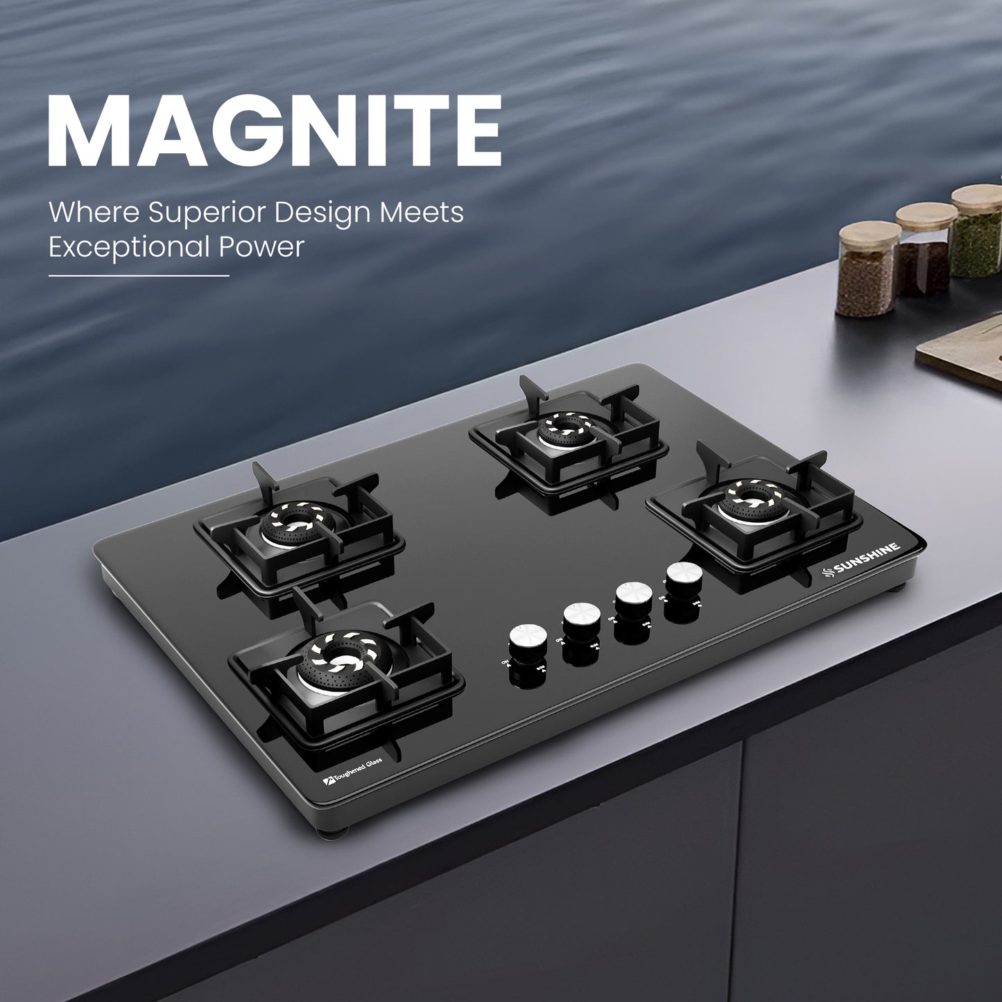 Sunshine Slimmest Magnite 4 Burner Glass Hob Top Cooktop Manual Ignition