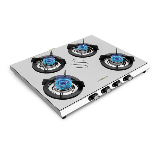 Sunshine Falcon Ultra 4 Burner Gas Stove | Stainless Steel Body | Brass Burners with 5G Technology | ISI Certified, 5-Year Warranty on Burners by Sunshine | Manual Ignition, LPG Ready & PNG Compatible