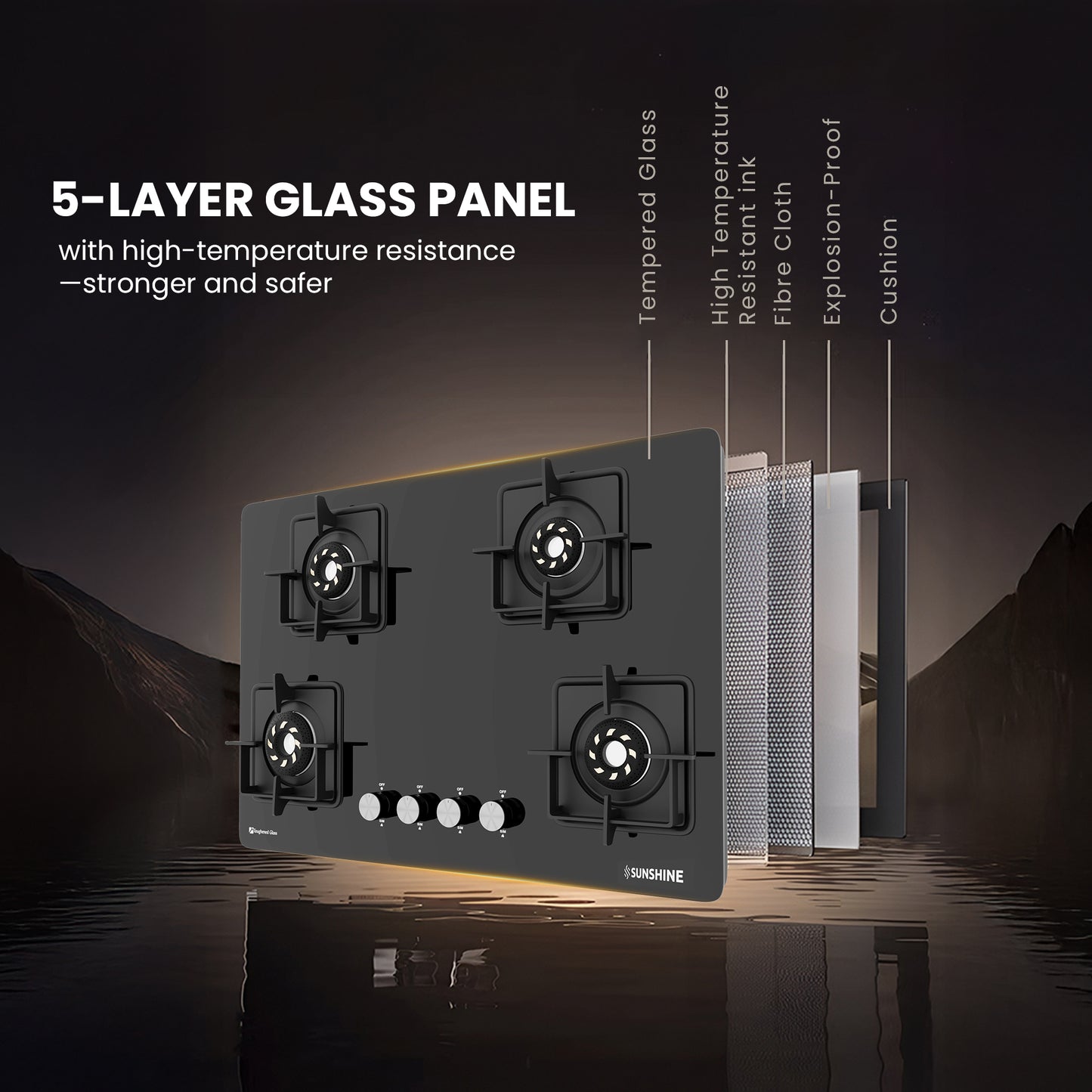 Sunshine Slimmest Magnite 4 Burner Glass Hob Top Cooktop Manual Ignition