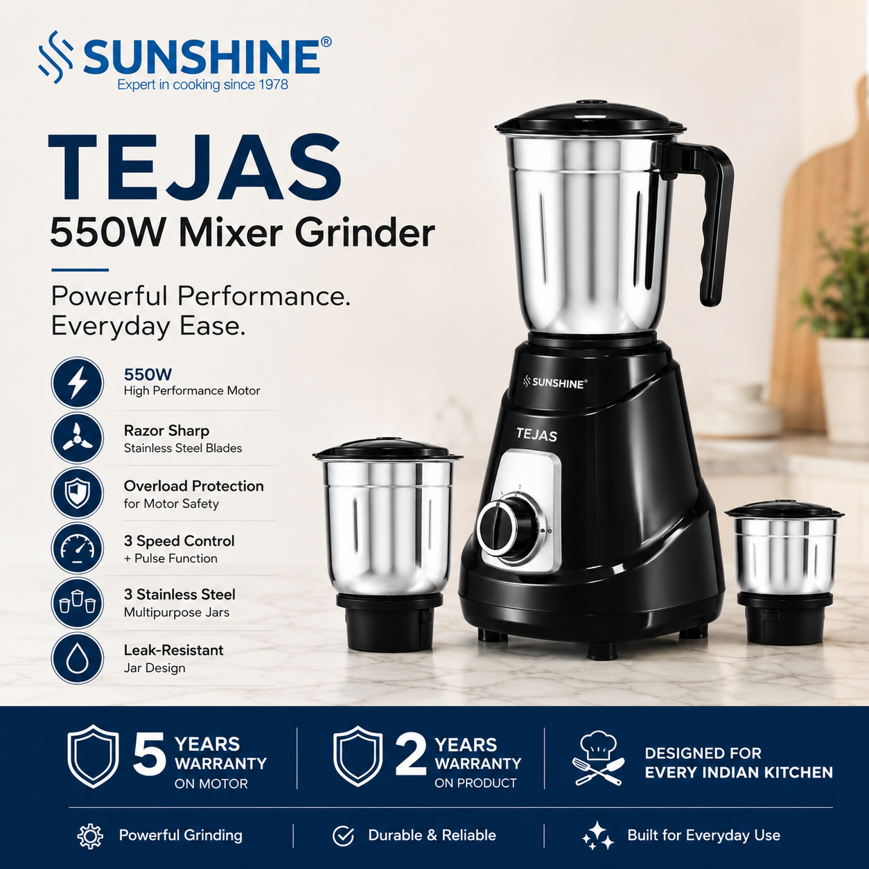 Sunshine Tejas 550W Mixer Grinder | 3 Jar Stainless Steel Mixer Grinder for Home Kitchen