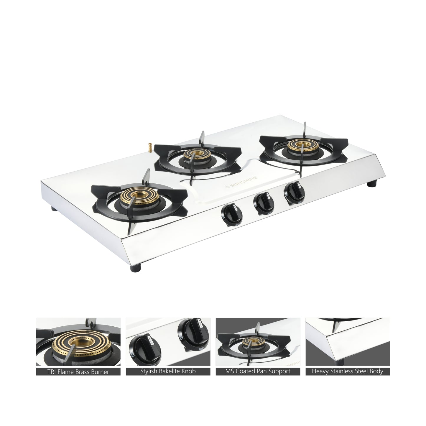 Sunshine Magistic Three Burner Stainless Steel Gas Stove Manual Ignition