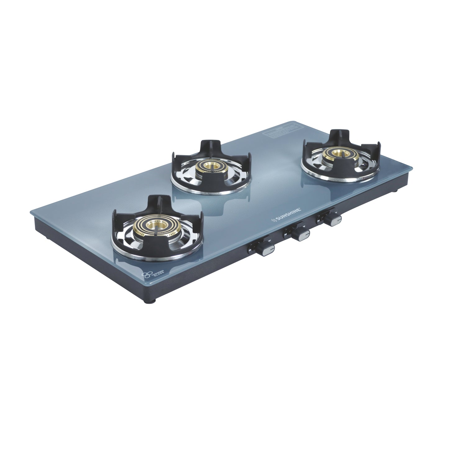 Sunshine Royal Blue Three Burner Toughened Glass Gas Stove Manual Ignition