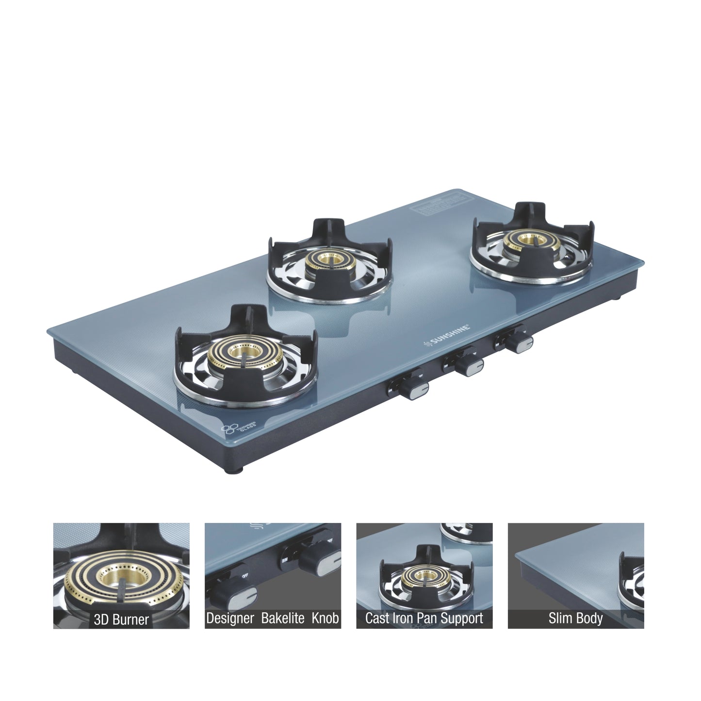 Sunshine Royal Blue Three Burner Toughened Glass Gas Stove Manual Ignition