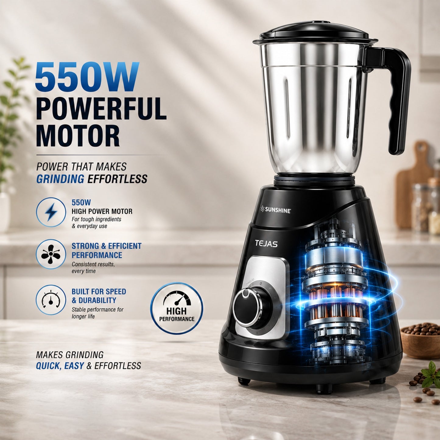 Sunshine Tejas 550W Mixer Grinder | 3 Jar Stainless Steel Mixer Grinder for Home Kitchen