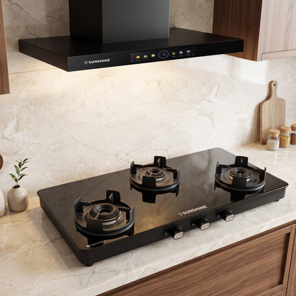 Sunshine Regal Pro 3 Burner Gas Stove Toughened Glass Cooktop Manual Ignition