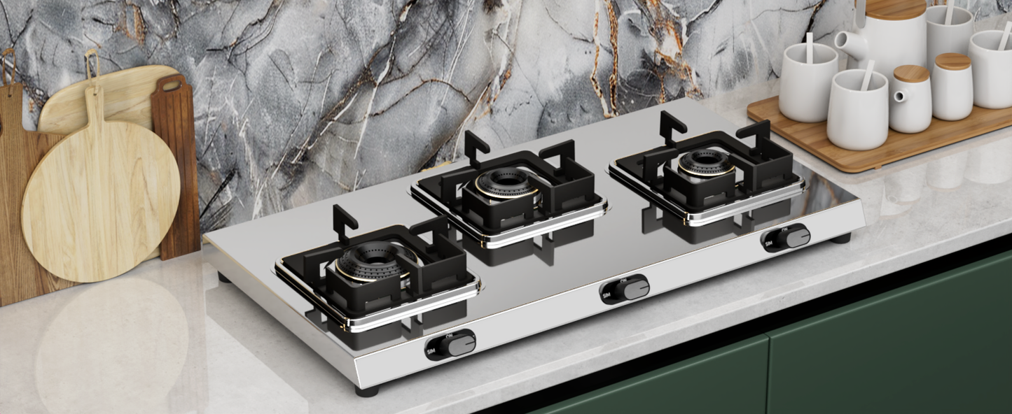 Sunshine Thunder 3 Burner | 3 Burner Stainless Steel Gas Stove | 5 Year Body & Burner Warranty By Sunshine | 5G Technology, LPG Ready & PNG Compatible (Silver)