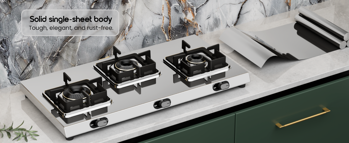Sunshine Thunder 3 Burner | 3 Burner Stainless Steel Gas Stove | 5 Year Body & Burner Warranty By Sunshine | 5G Technology, LPG Ready & PNG Compatible (Silver)