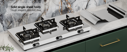 Sunshine Thunder 3 Burner | 3 Burner Stainless Steel Gas Stove | 5 Year Body & Burner Warranty By Sunshine | 5G Technology, LPG Ready & PNG Compatible (Silver)