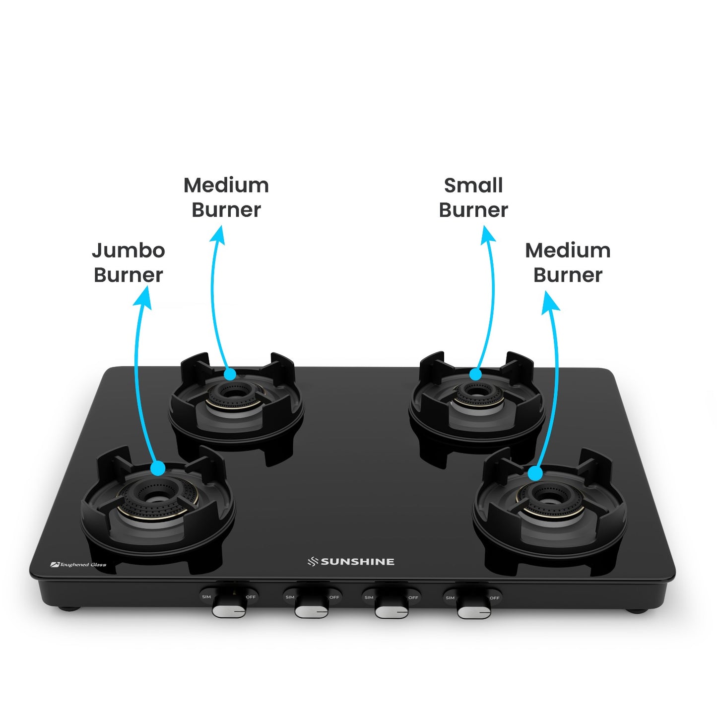 Sunshine Regal Pro Max 4 Burner Gas Stove Toughened Glass Cooktop Manual Ignition