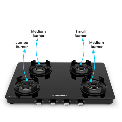 Sunshine Regal Pro Max 4 Burner Gas Stove Toughened Glass Cooktop Manual Ignition