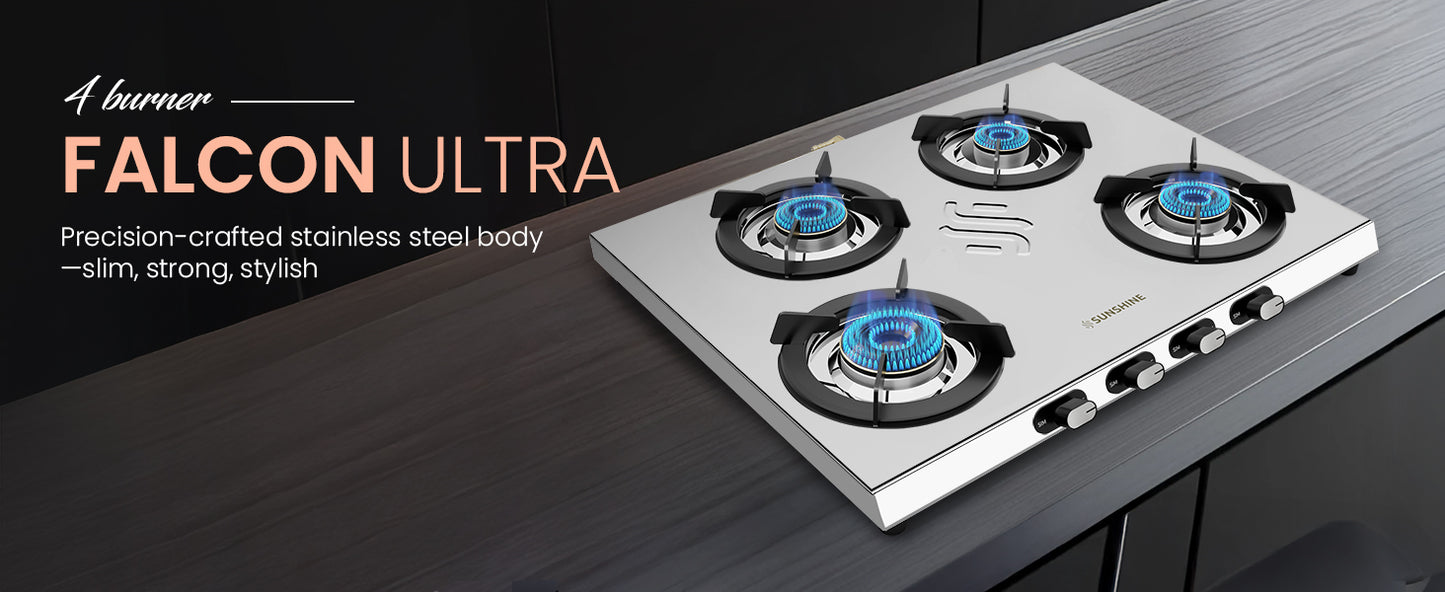 Sunshine Falcon Ultra 4 Burner Gas Stove | Stainless Steel Body | Brass Burners with 5G Technology | ISI Certified, 5-Year Warranty on Burners by Sunshine | Manual Ignition, LPG Ready & PNG Compatible