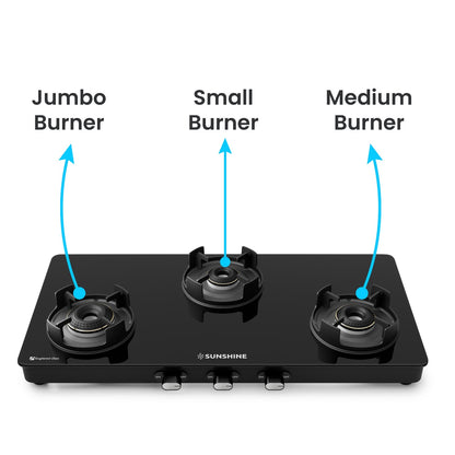Sunshine Regal Pro 3 Burner Gas Stove Toughened Glass Cooktop Manual Ignition