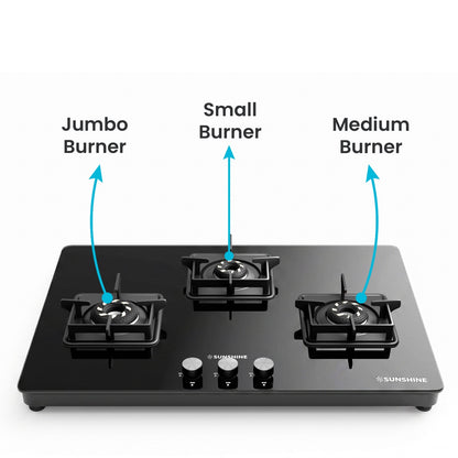 Sunshine Slimmest Magnite 3 Burner Glass Hob Top | SABAF Valves | Manual Ignition