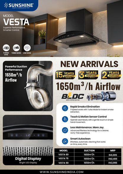 Sunshine Vesta BLDC Chimney | 1650 m³/h | 9 Speed + Turbo | Auto Clean