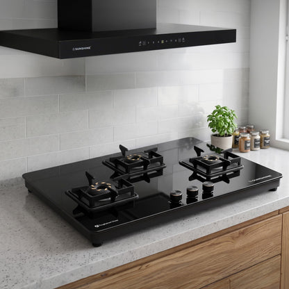 Sunshine Slimmest Magnite 3 Burner Glass Hob Top | SABAF Valves | Manual Ignition