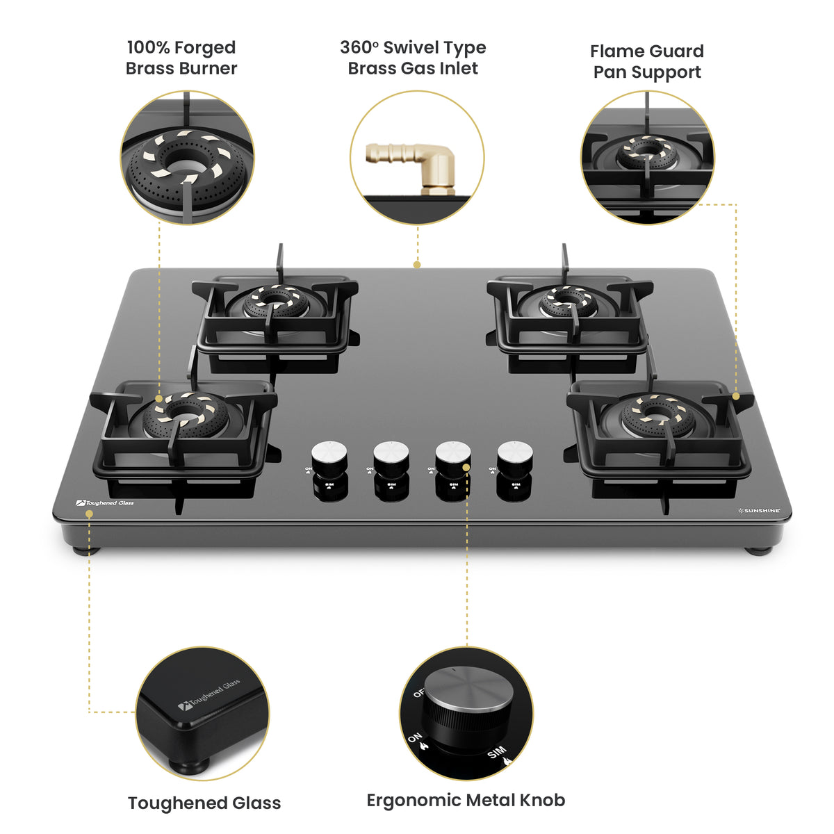 Sunshine Cooktop Sunshine Slimmest Magnite 4 Burner Glass Hob Top Cooktop Manual Igniti ...