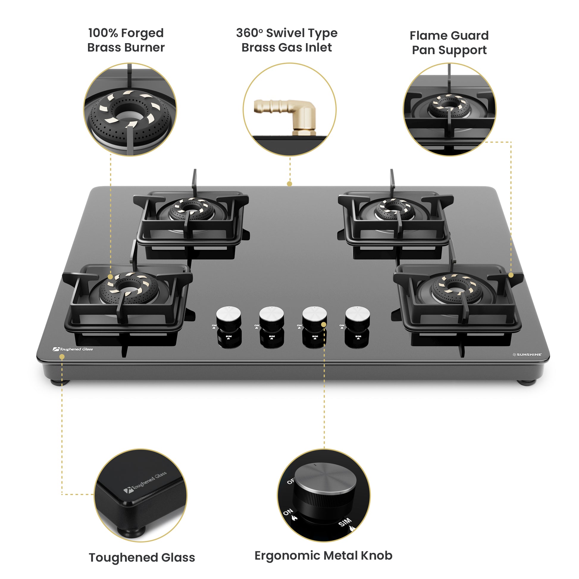 Sunshine Slimmest Magnite 4 Burner Glass Hob Top Cooktop Manual Ignition