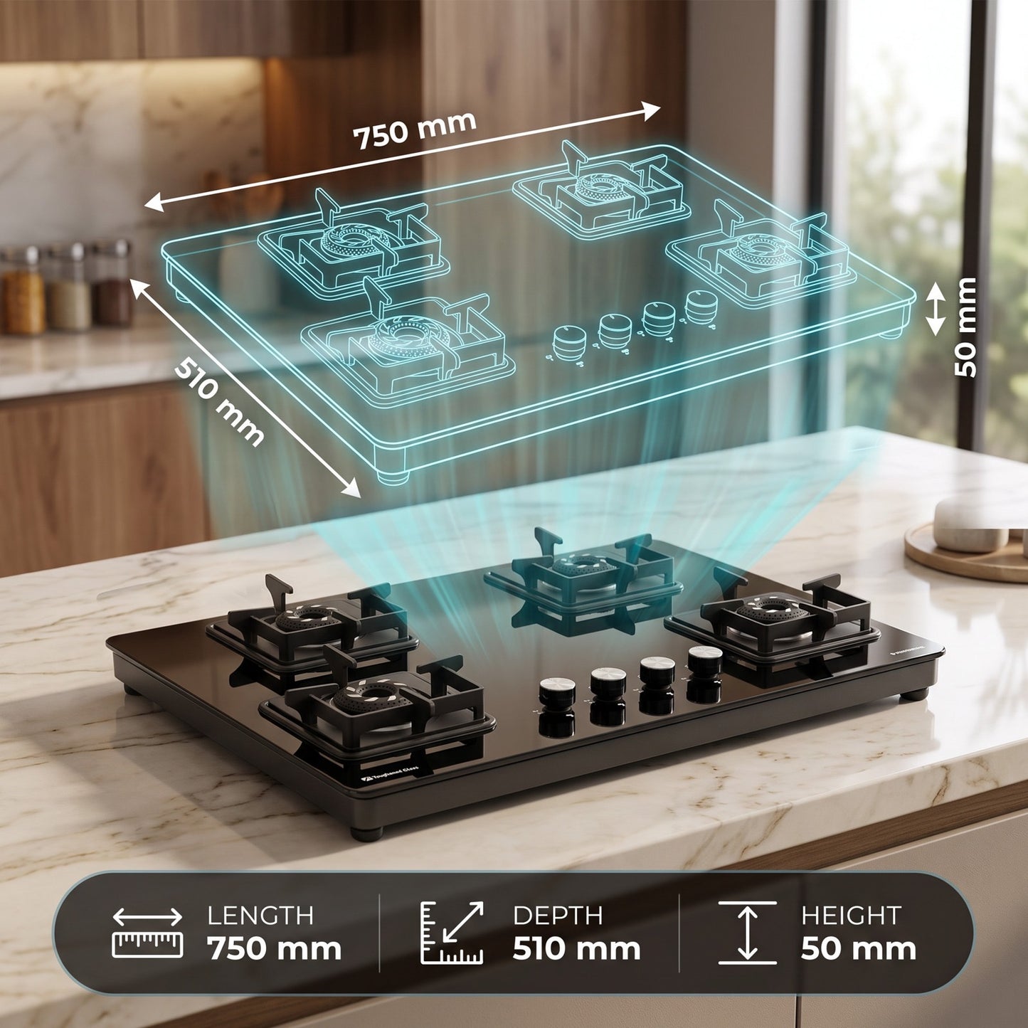 Sunshine Slimmest Magnite 4 Burner Glass Hob Top | SABAF Valves | Manual Ignition |