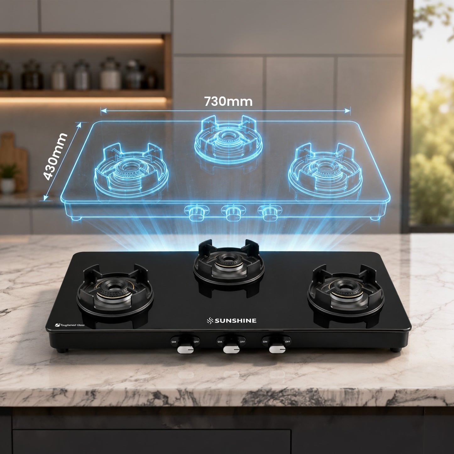 Sunshine Regal Pro 3 Burner Gas Stove Toughened Glass Cooktop Manual Ignition