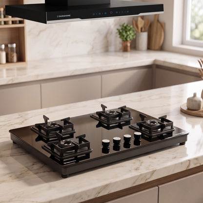 Sunshine Slimmest Magnite 4 Burner Glass Hob Top | SABAF Valves | Manual Ignition |