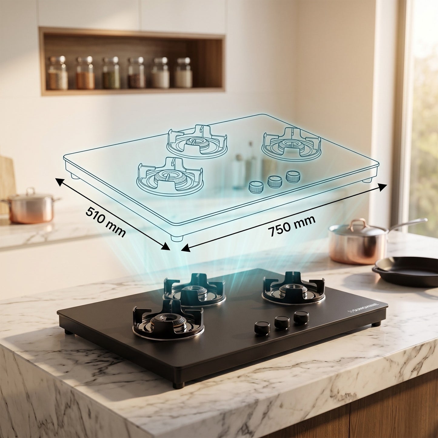 Defender 3 Burner Matte Hob Top | 10-Year Warranty | Manual Ignition