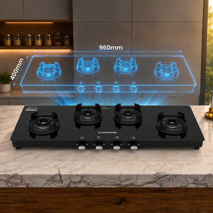 Sunshine Regal Excel Pro 4 Burner Gas Stove Toughened Glass Cooktop Manual Ignition