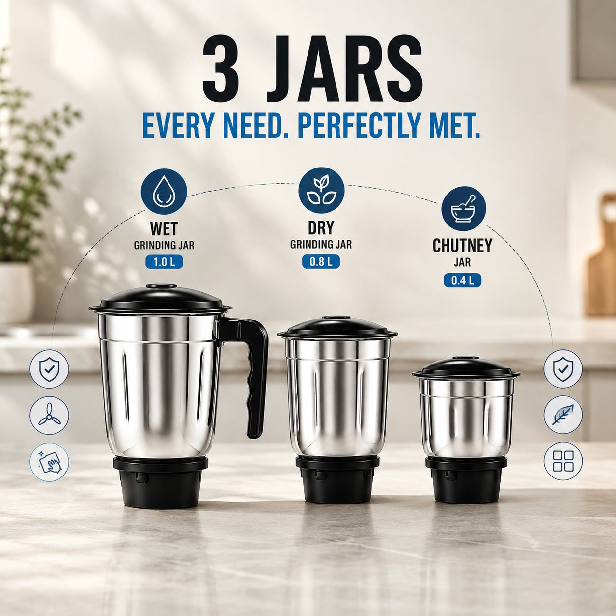 Sunshine Tejas 550W Mixer Grinder | 3 Jar Stainless Steel Mixer Grinder for Home Kitchen