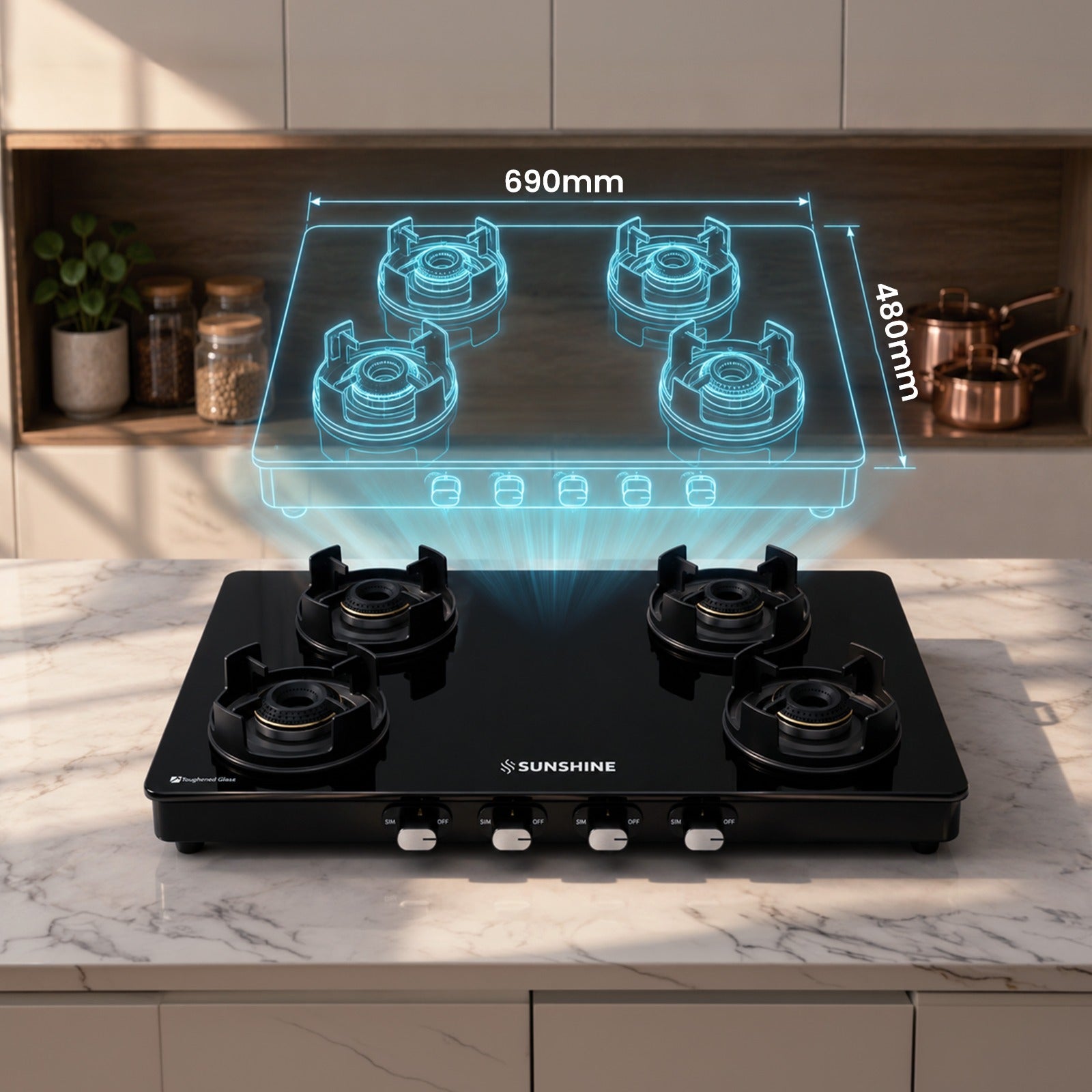 Sunshine Regal Pro Max 4 Burner Gas Stove Toughened Glass Cooktop