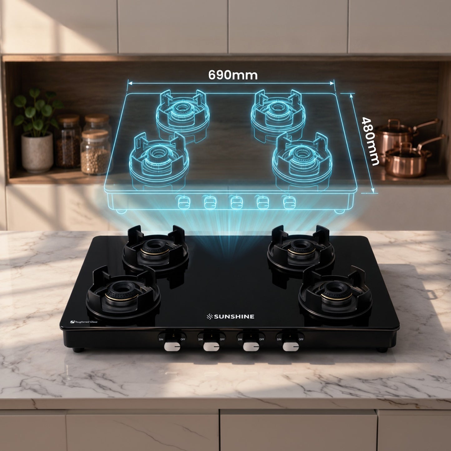 Sunshine Regal Pro Max 4 Burner Gas Stove Toughened Glass Cooktop Manual Ignition