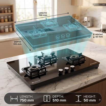 Sunshine Slimmest Magnite 3 Burner Glass Hob Top | SABAF Valves | Manual Ignition