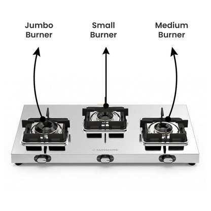 Thunder 3 Burner Stainless Steel Gas Stove | 5 Year Body & Burner Warranty | 5G Technology