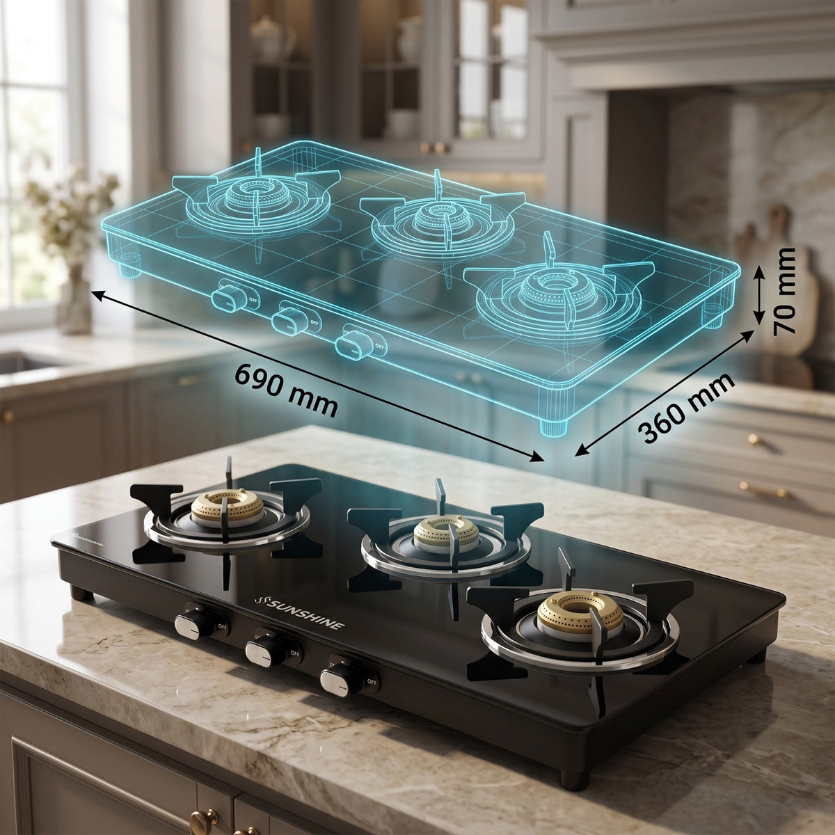 Sunshine Phoenix 3 Burner Gas Stove Cooktop Manual Ignition