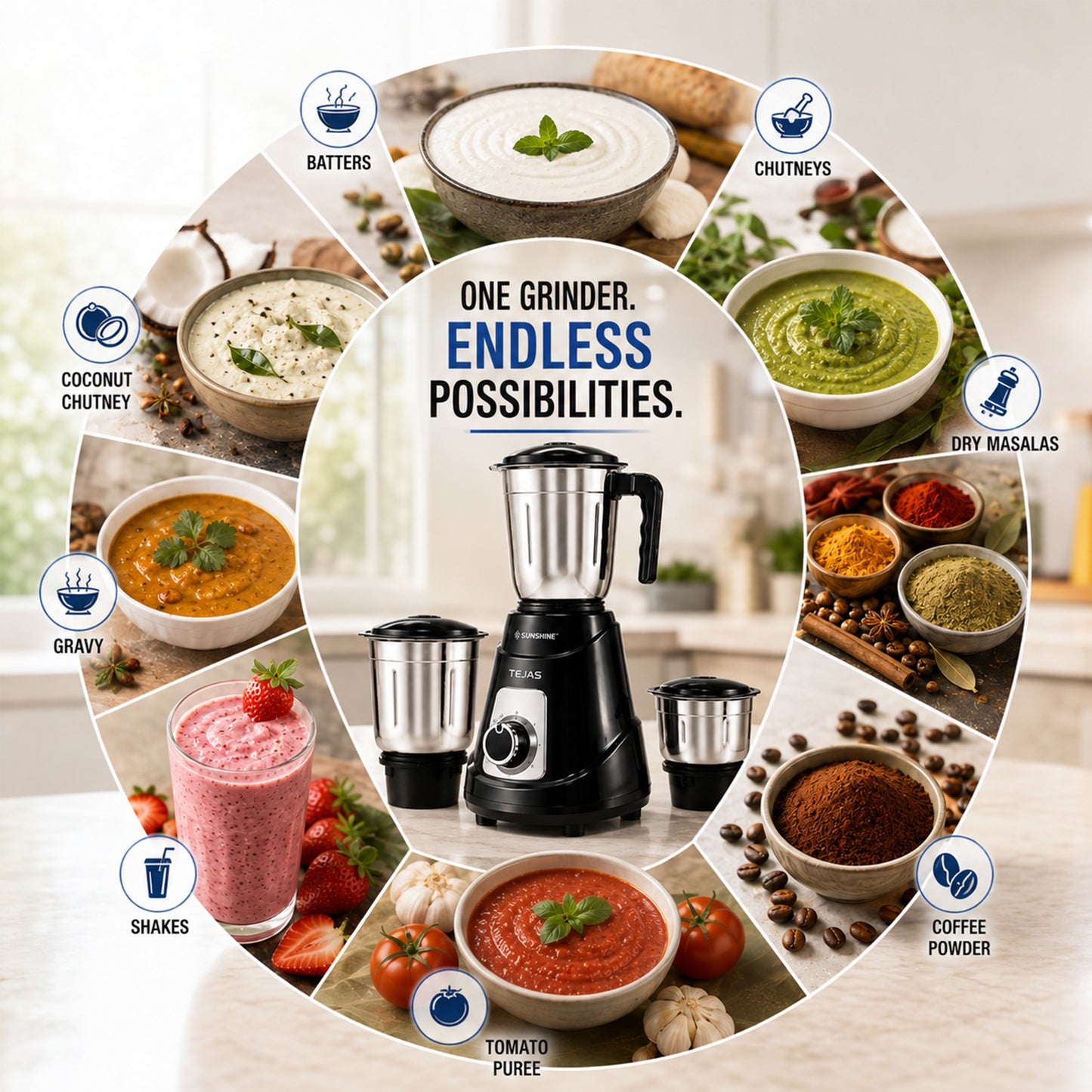 Sunshine Tejas 550W Mixer Grinder | 3 Jar Stainless Steel Mixer Grinder for Home Kitchen