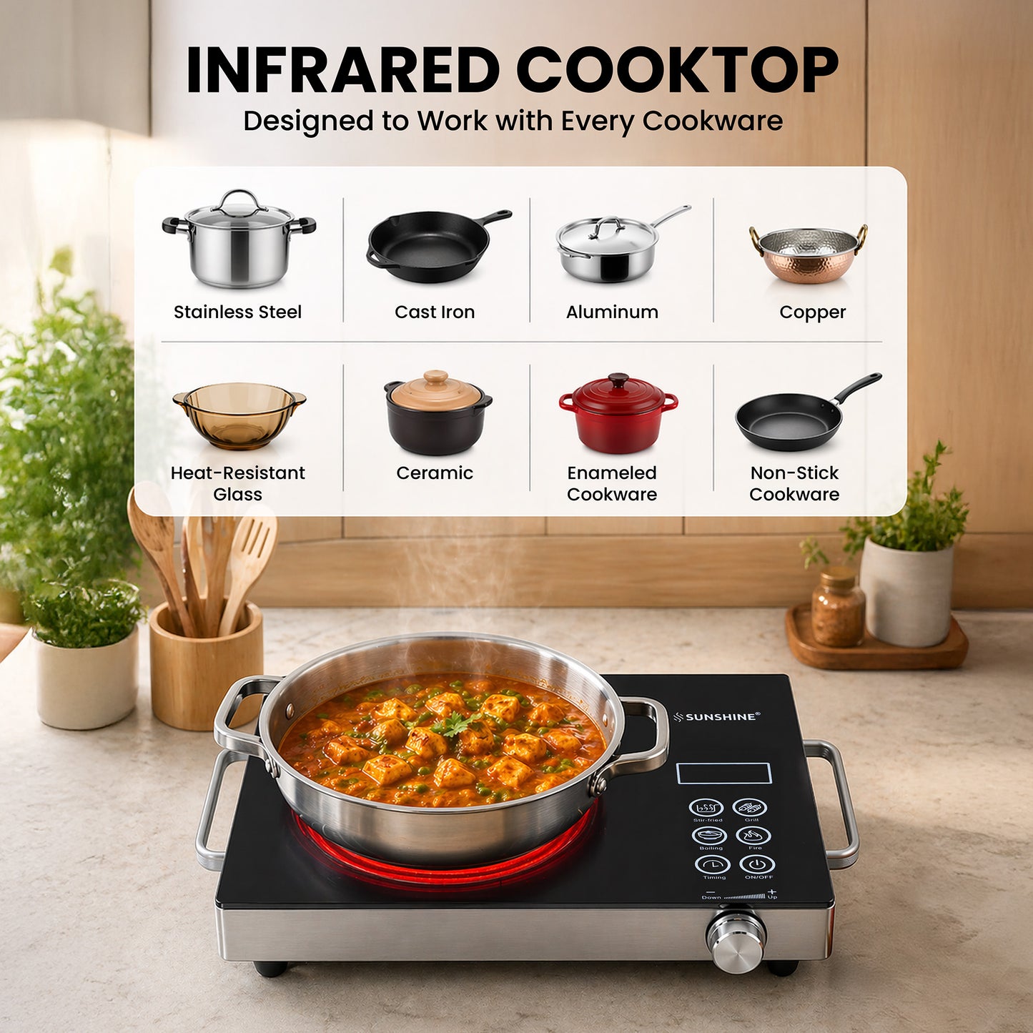 HeatWave Infrared Cooktop 2000W | 7 Cooking Modes | 60–700°C Temperature Control | Stainless Steel Body | Portable Infrared Cooker