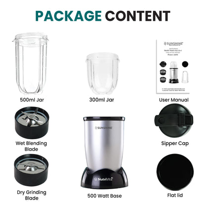 Sunshine Nutri Vita 450 2 In 1 Nutri Blender, Powerful 450 Watts Pure Copper Motor, Shakes and Juices, Stainless Steel Body, 2 Blade Set: Wet & Dry