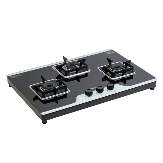 Sunshine Crystal 3 Burner | 3 Burner Glass Gas Stove | Hob Top Cooktop | Tempered Glass, 360° Rotating Brass Gas Nozzle | Manual Ignition | LPG Ready & PNG Compatible (Premium - Dual)