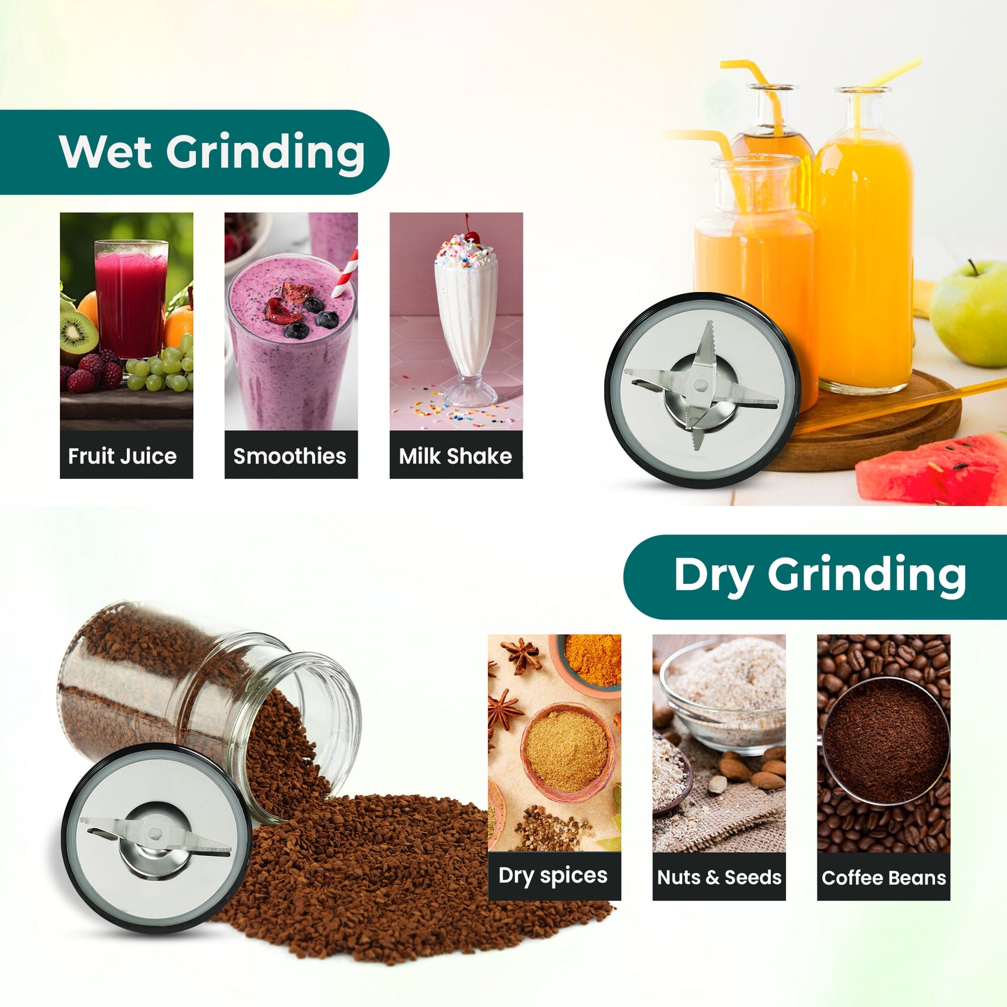 Sunshine Nutri Vita 450 2 In 1 Nutri Blender, Powerful 450 Watts Pure Copper Motor, Shakes and Juices, Stainless Steel Body, 2 Blade Set: Wet & Dry
