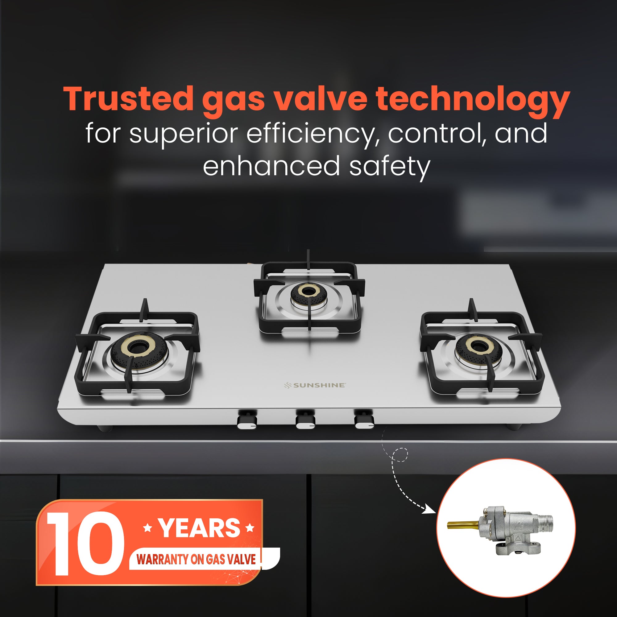 Sunshine Cooktop Sunshine Curvv 3 Burner Matte Stainless Steel Cooktop Manual Ignition ...