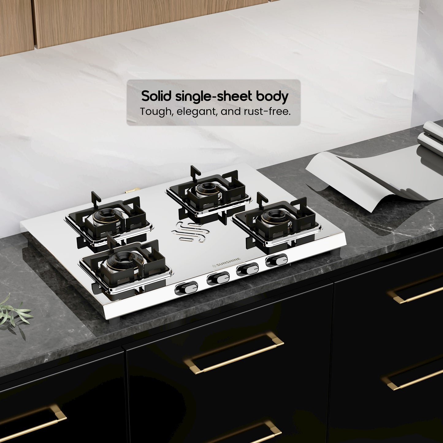 Sunshine Thunder 4 Burner | 4 Burner Stainless Steel Gas Stove | 5 Year Body & Burner Warranty By Sunshine | 5G Technology, LPG Ready & PNG Compatible (Silver)