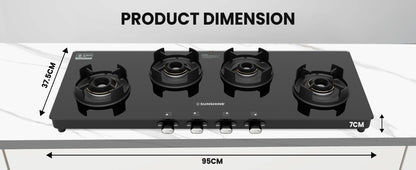 Sunshine Regal Excel Pro 4 Burner Gas Stove Toughened Glass Cooktop Manual Ignition