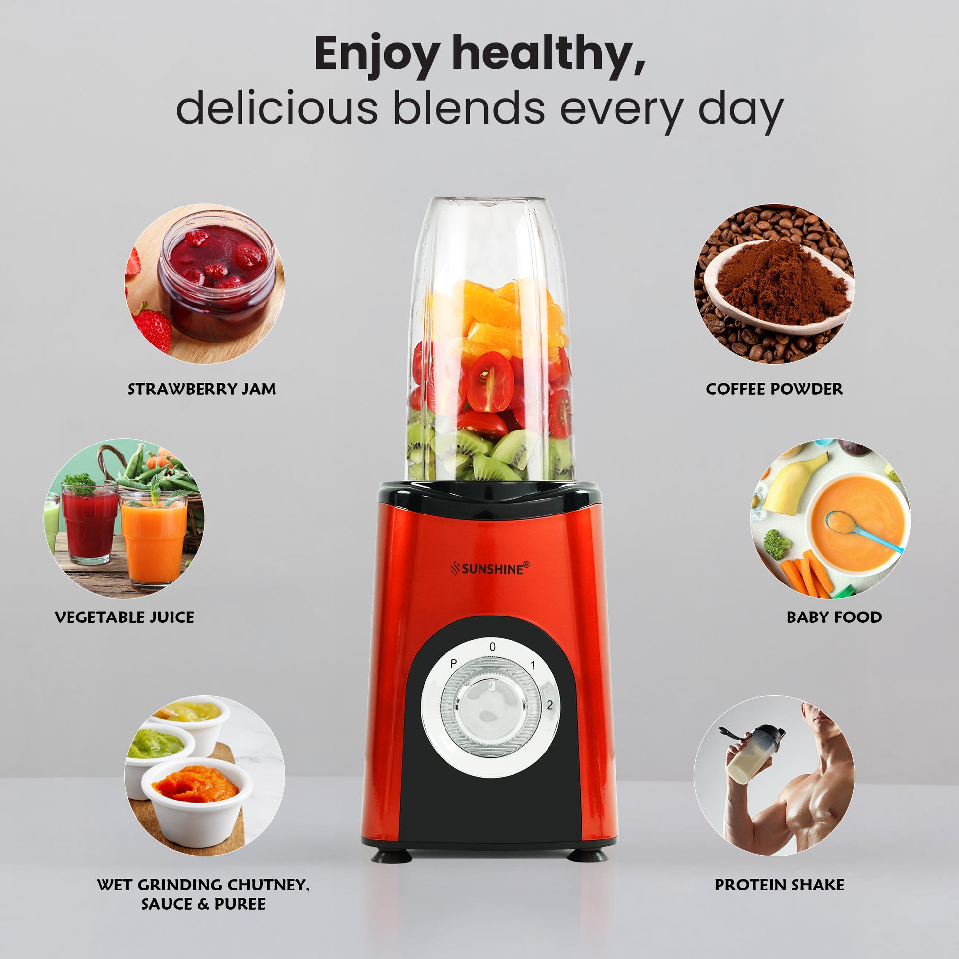 Sunshine Nutri Boost 3 In 1 Nutri Blender, Powerful 500 Watts Pure Copper Motor, Blender for Smoothies and Juices, Stainless Steel Body, 2 Blade Set: Wet & Dry