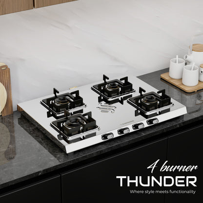 Sunshine Thunder 4 Burner | 4 Burner Stainless Steel Gas Stove | 5 Year Body & Burner Warranty By Sunshine | 5G Technology, LPG Ready & PNG Compatible (Silver)