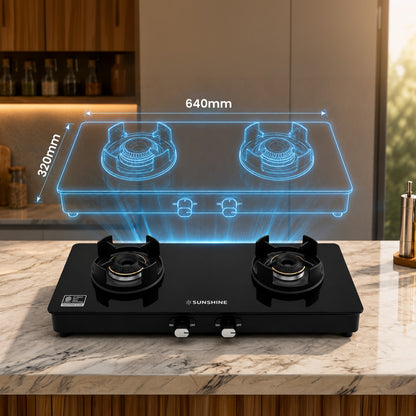 Sunshine Regal Pro 2 Burner Gas Stove Toughened Glass Cooktop Manual Ignition