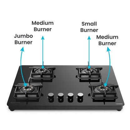Sunshine Slimmest Magnite 4 Burner Glass Hob Top | SABAF Valves | Manual Ignition |