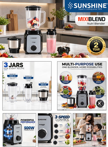 MaxiBlend Nutri Blender | 500W Mixer Grinder with 3 Jars